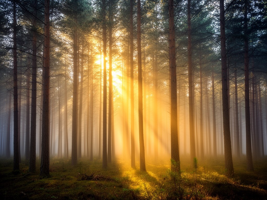 Gustа jutarnja šuma sa zracima sunca koji probijaju visoke četinare i stvaraju zlatne stupove svetla kroz maglu
