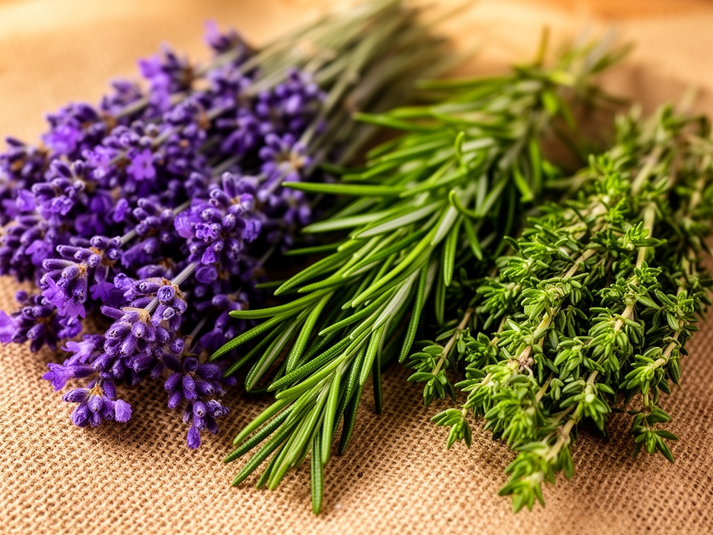 Bliski prikaz raznovrsnog aromatičnog bilja – lavande, ruzmarina i timijana – raspoređenog na prirodnoj tekstilnoj podlozi u toplom svetlu