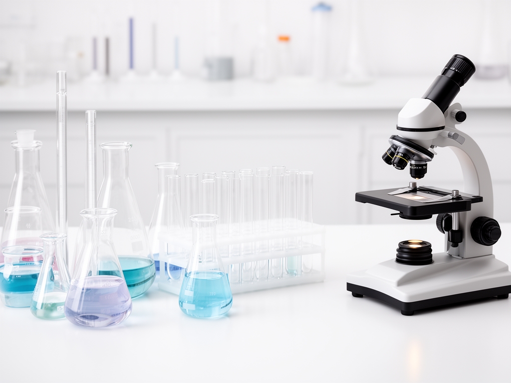 Naučna laboratorija sa staklenim priborom, epruveta i naučnim instrumentima u čistom belom ambijentu, simbolizujuci istraživanje i analizu