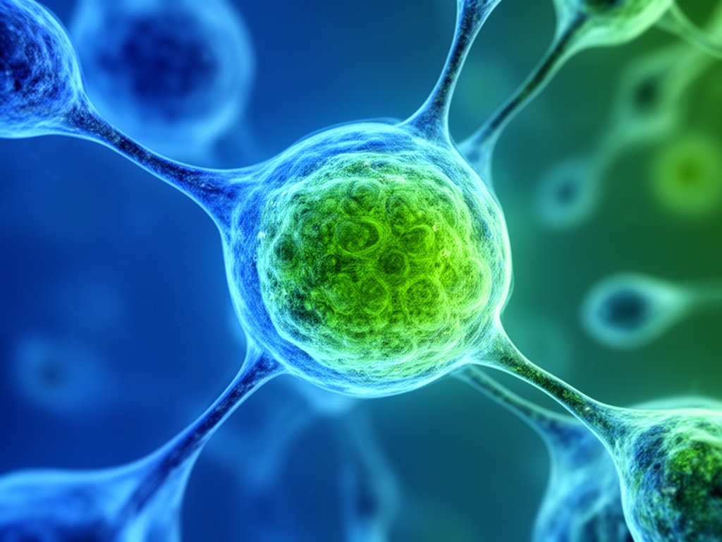 Apstraktna naučna mikroskopska fotografija ćelijskih struktura u plavim i zelenim nijansama, ilustrujuci biološke procese na ćelijskom nivou